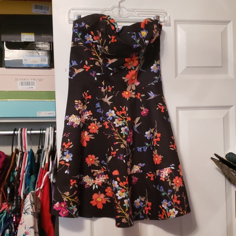 Strapless fit and flare floral print dress